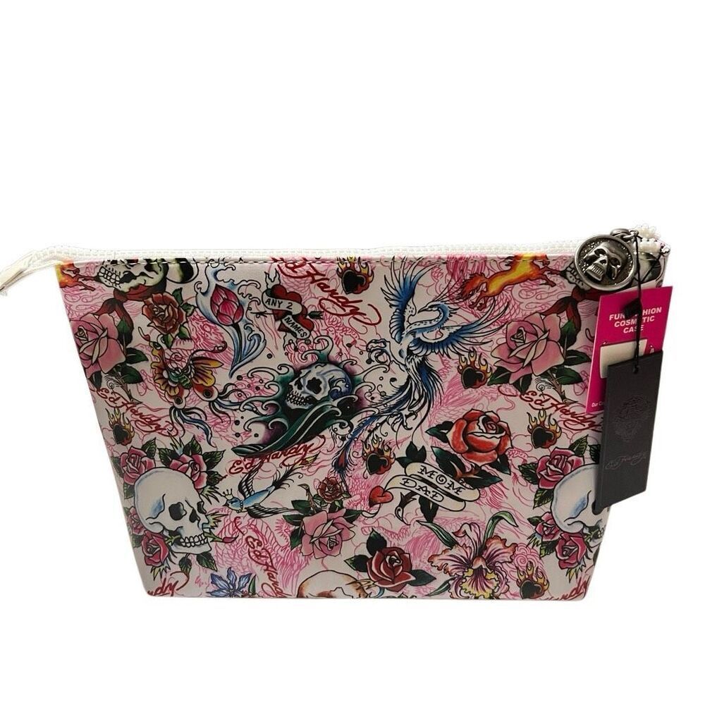 NWT Y2K Ed Hardy Tattoo Graphic Print Canvas White Pink Skull Floral Flame